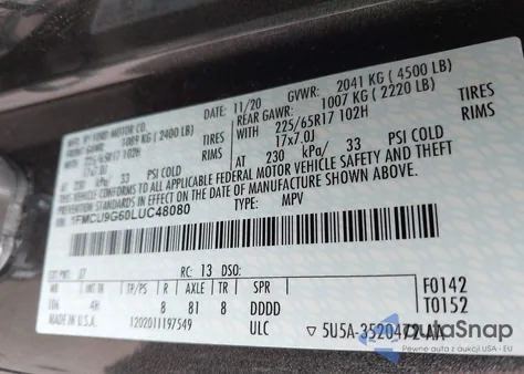 2020 Ford Escape Se z USA, uszkodzony, nr VIN 1FMCU9G60LUC48080